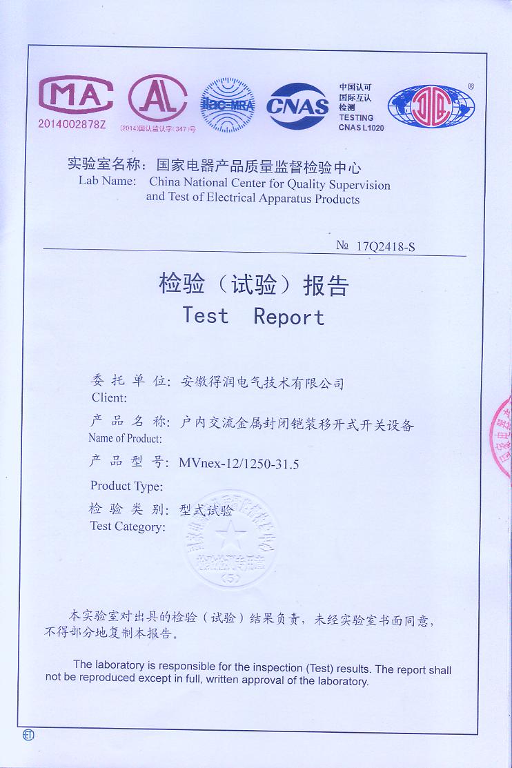得润电气施耐德MVnex授权柜试验报告 得润电气施耐德MVnex授权柜试验报告